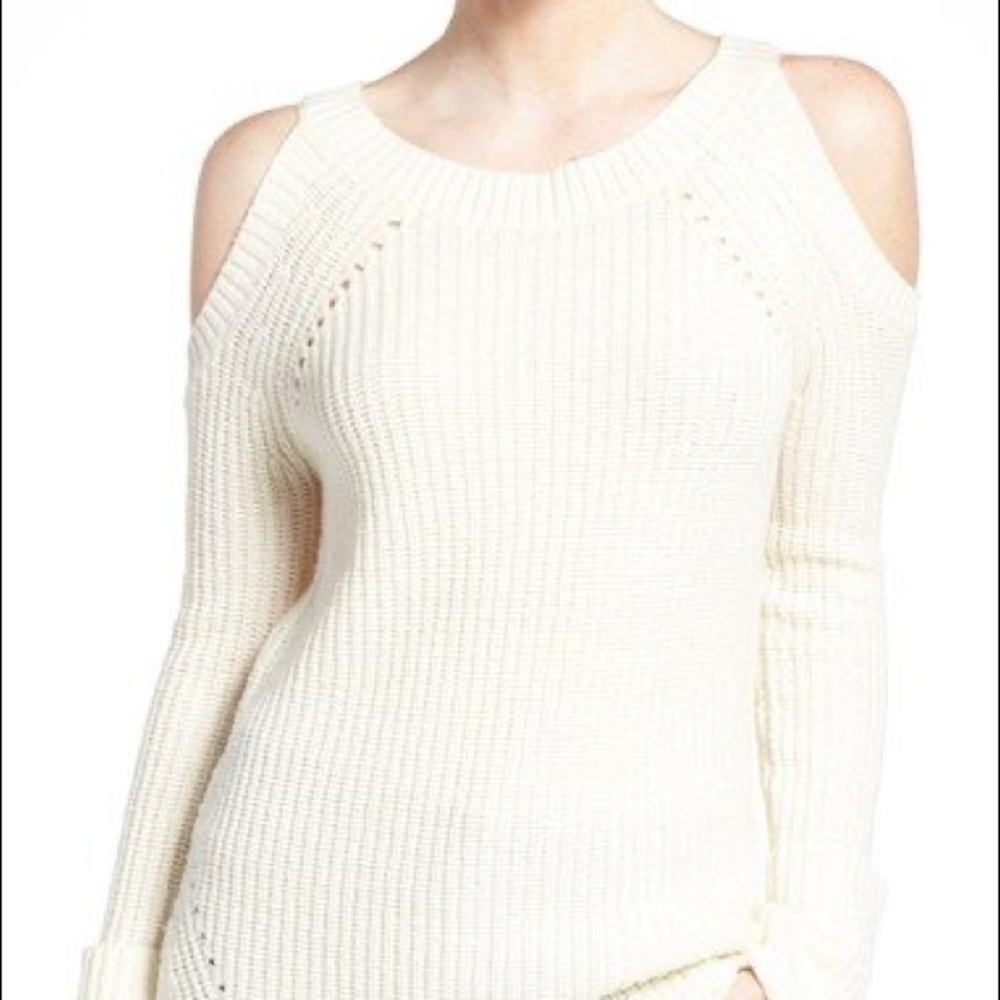 Olivia Palermo Chelsea28 cold shoulder ribbed cream winter pontelle sweater
